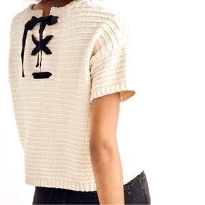 Madewell Cream Knit Crop Top  Black Ties 100% Cotton Size Small